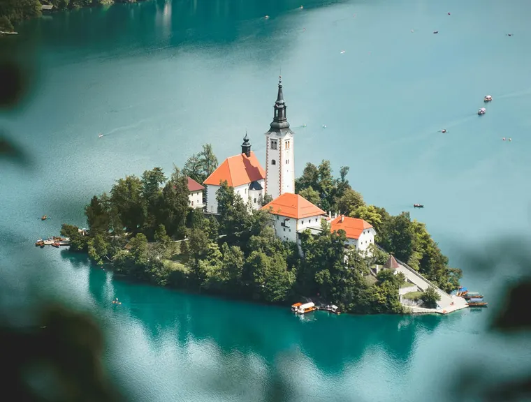 Lake Bled with the church on Bled Island, seen from above