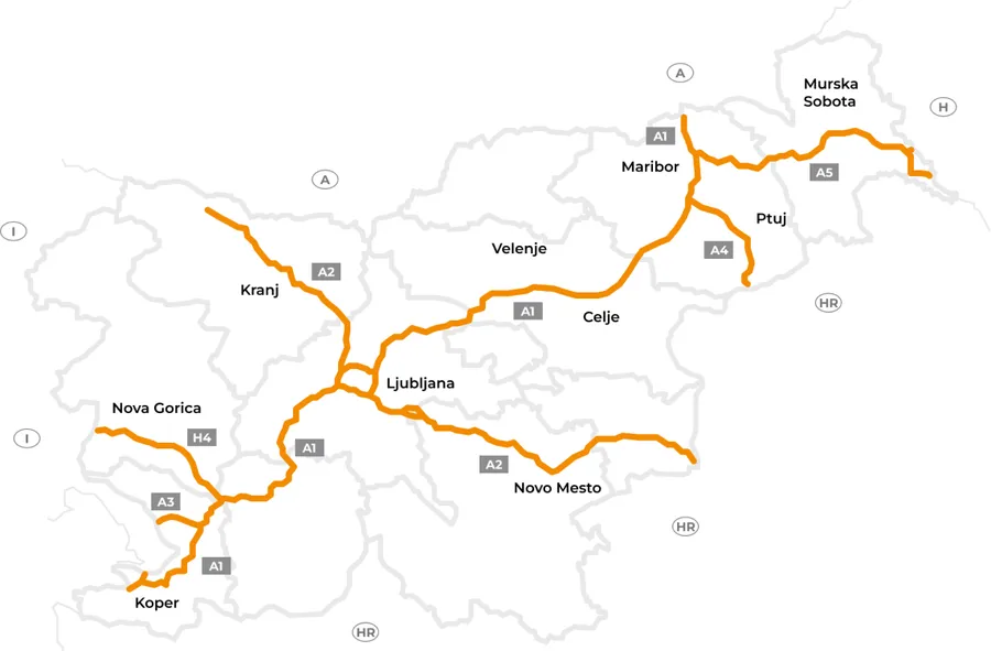 Map of Slovenian motorways and expressways where an e-vignette is required
